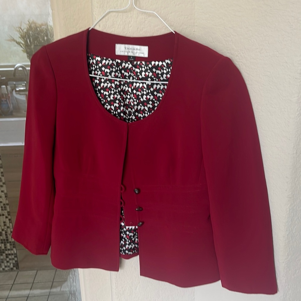 Deep red suit jacket and skirt
